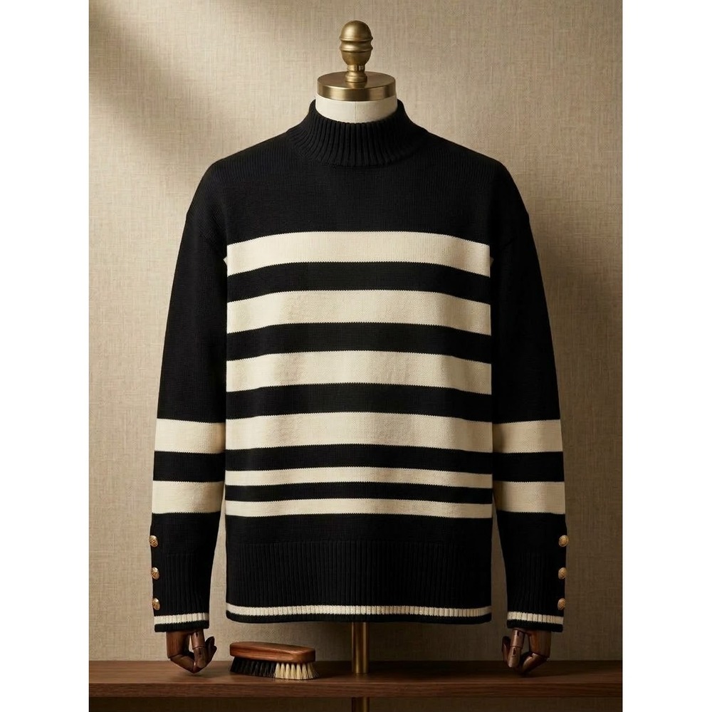 41 Hawthorn Tia Stripe Mock Neck Tunic Sweater Black Cream Gold Buttons Medium